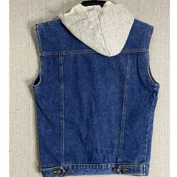 Jordache Hooded Denim Vest Womens L Blue Jean Button Up Pockets Y2K Street Biker - Picture 7 of 12